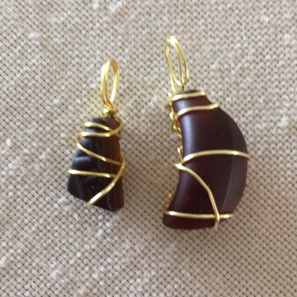 Hand Crafted 2 Pendants Brown Gold Toned